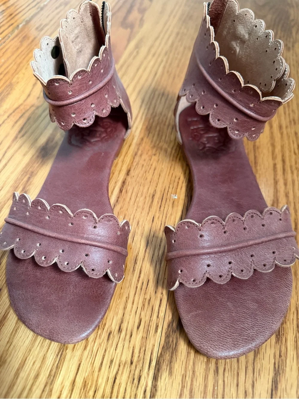 ELF Scalloped Ankle-Strap Sandals in Burgundy